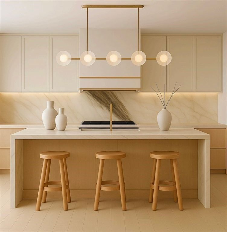 Interior, Kitchen, Marble Walls, Pendant Lights