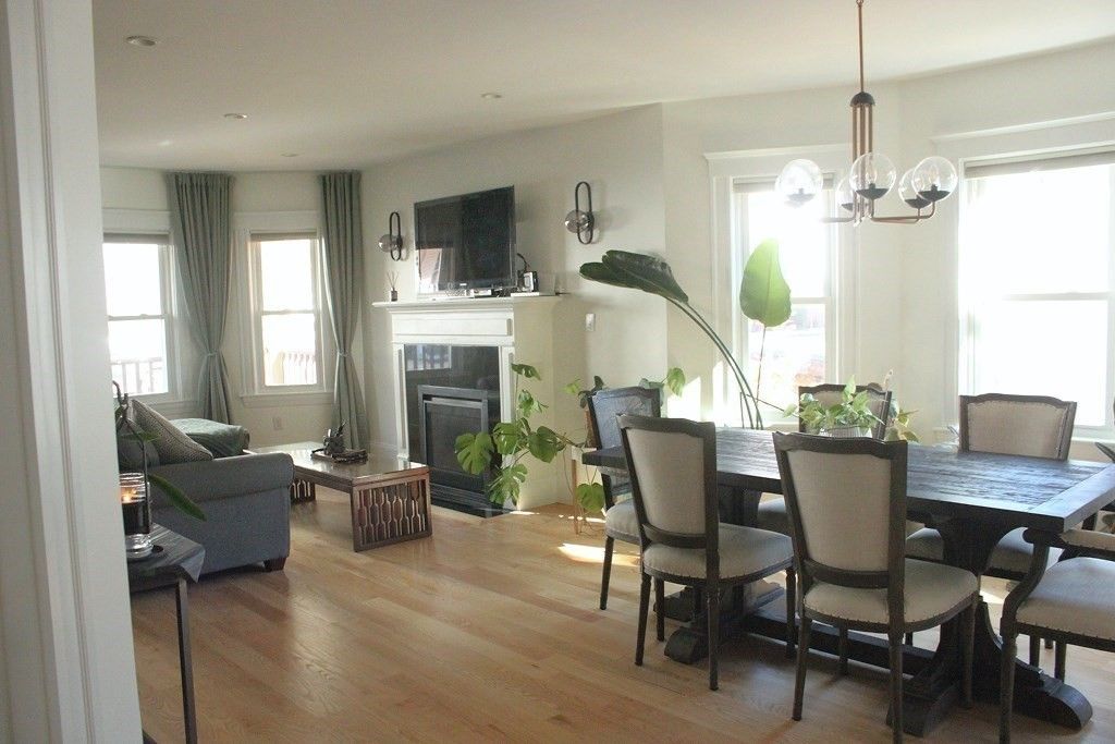 Dining room, Fireplace, Interior, Living room, Pendant Lights, Recessed Lighting, Wood Texture Flooring