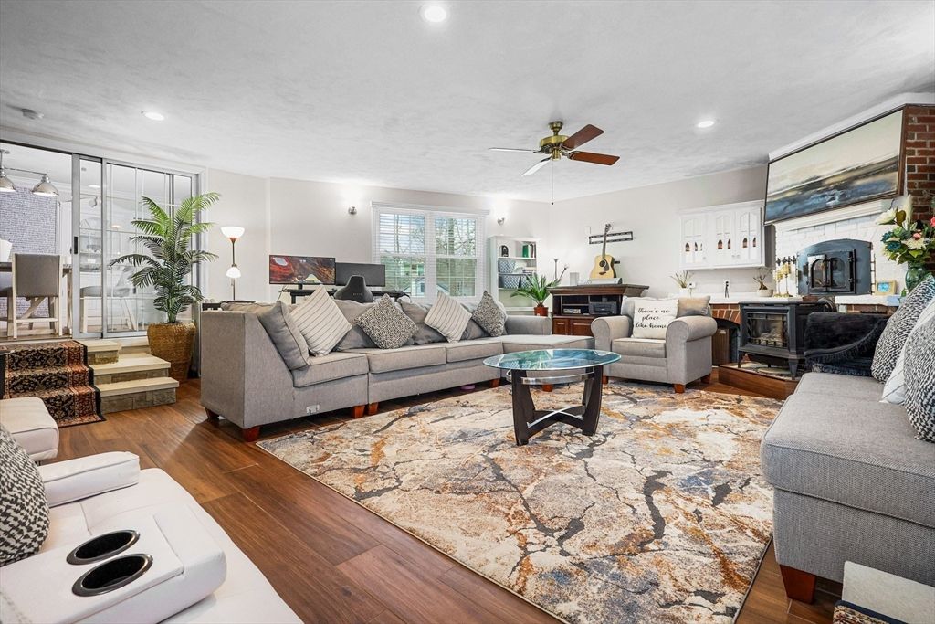 Fireplace, Interior, Living room, Recessed Lighting, Wood Texture Flooring