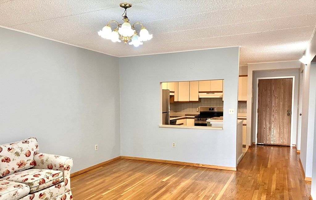 Chandelier, Interior, Kitchen, Stainless Steel Appliances, Wood Texture Flooring
