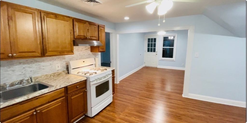 Empty room, Interior, Kitchen, Recessed Lighting, Wood Texture Flooring