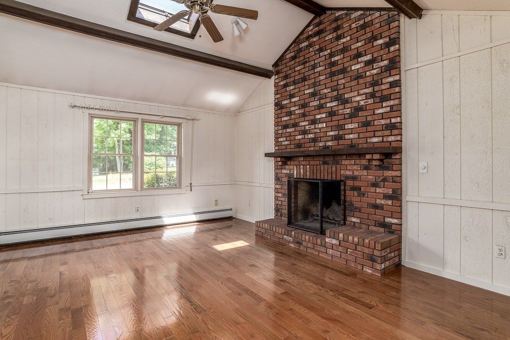 Empty room, Fireplace, Interior, Stone Walls, Wood Texture Flooring