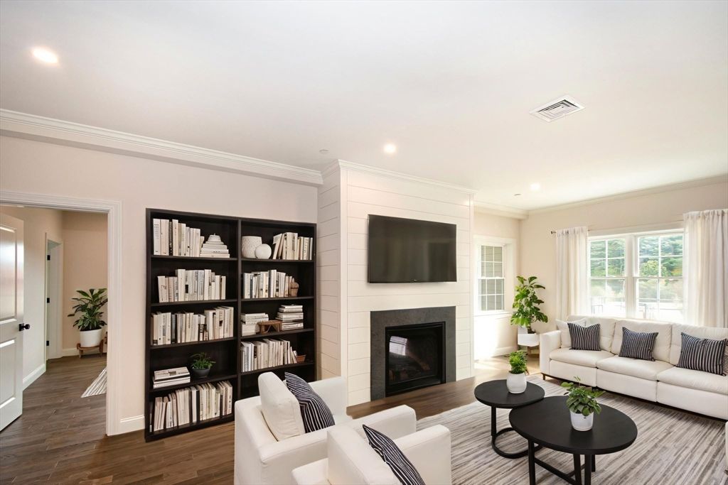 Fireplace, Interior, Living room, Recessed Lighting, Wood Texture Flooring