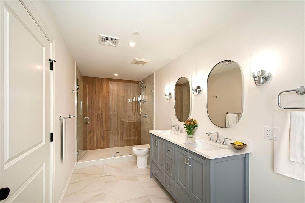 Bathroom, Dual Sink Vanities, Glass Shower, Interior, Marble, Recessed Lighting