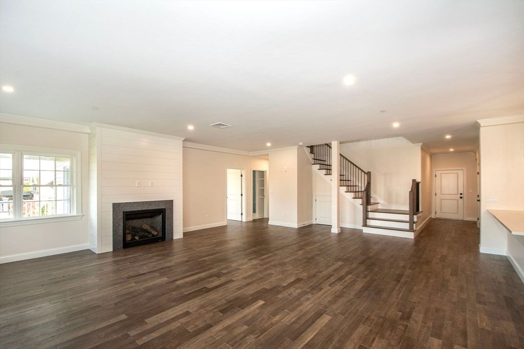 Empty room, Fireplace, Interior, Recessed Lighting, Wood Texture Flooring