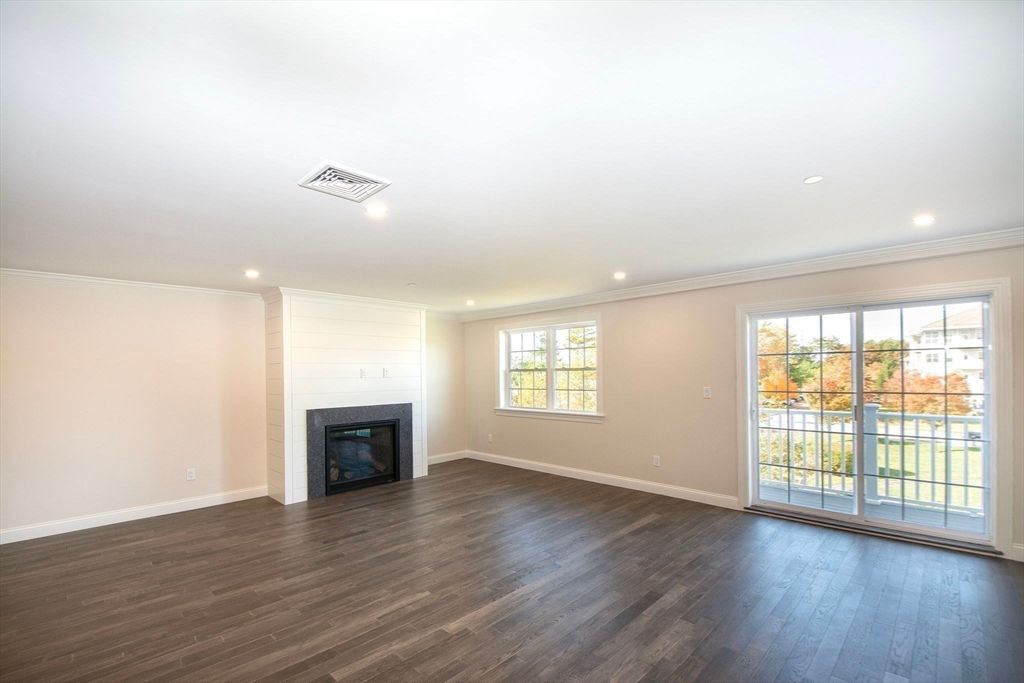 Empty room, Fireplace, Interior, Recessed Lighting, Wood Texture Flooring