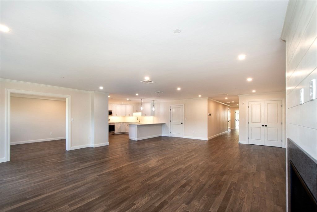 Empty room, Interior, Kitchen, Pendant Lights, Recessed Lighting, Wood Texture Flooring