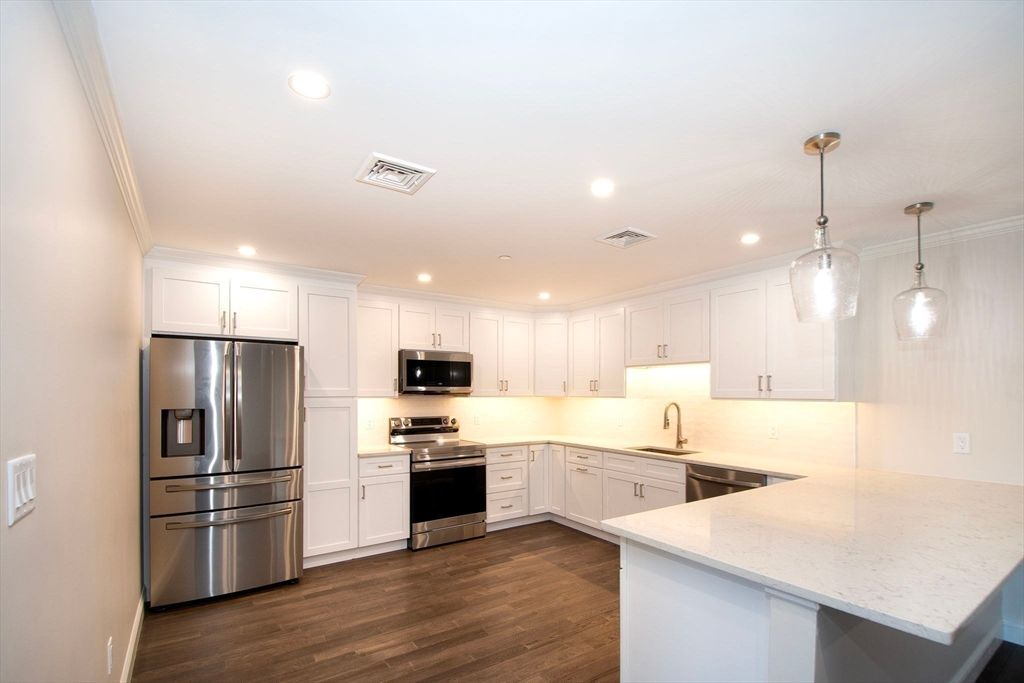 Interior, Kitchen, Pendant Lights, Recessed Lighting, Stainless Steel Appliances, Wood Texture Flooring