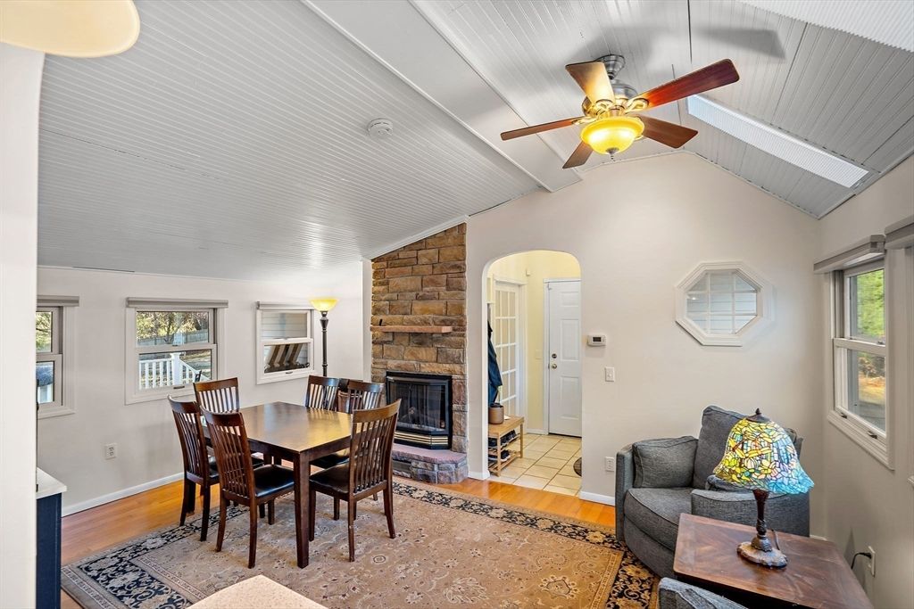 Dining room, Fireplace, Interior, Stone Walls, Wood Texture Flooring