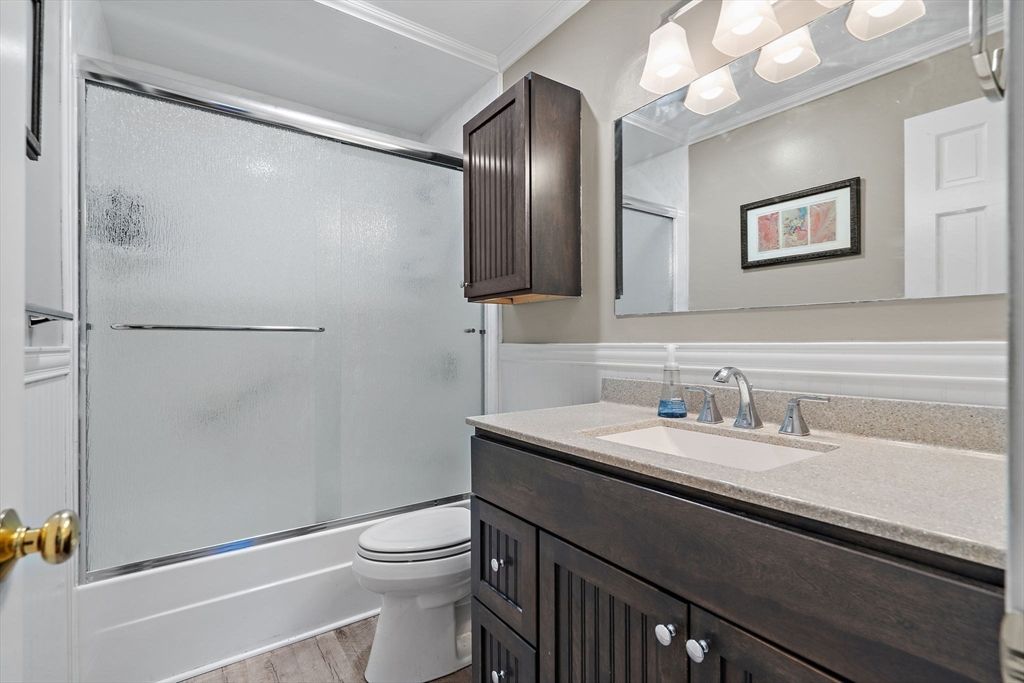 Bathroom, Glass Shower, Interior, Wood Texture Flooring