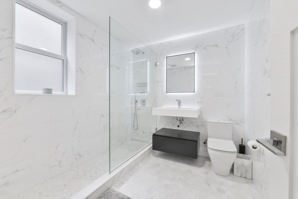 Bathroom, Glass Shower, Interior, Marble, Marble Walls, Recessed Lighting