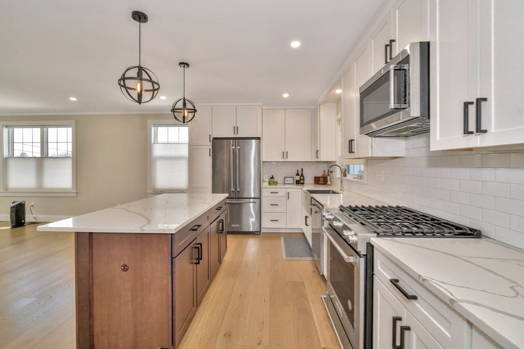 Interior, Kitchen, Pendant Lights, Recessed Lighting, Stainless Steel Appliances, Wood Texture Flooring