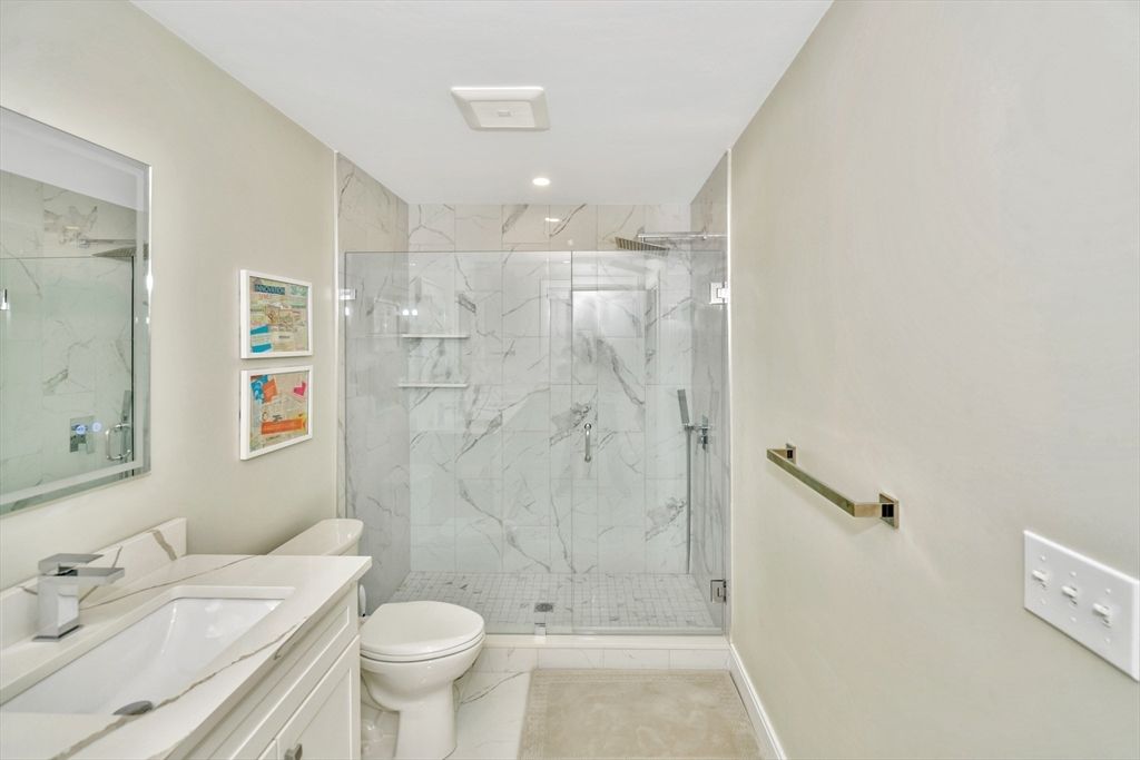 Bathroom, Glass Shower, Interior, Marble, Marble Walls, Recessed Lighting