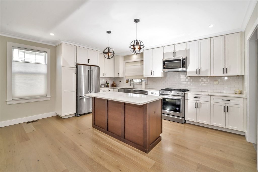 Interior, Kitchen, Pendant Lights, Recessed Lighting, Stainless Steel Appliances, Wood Texture Flooring