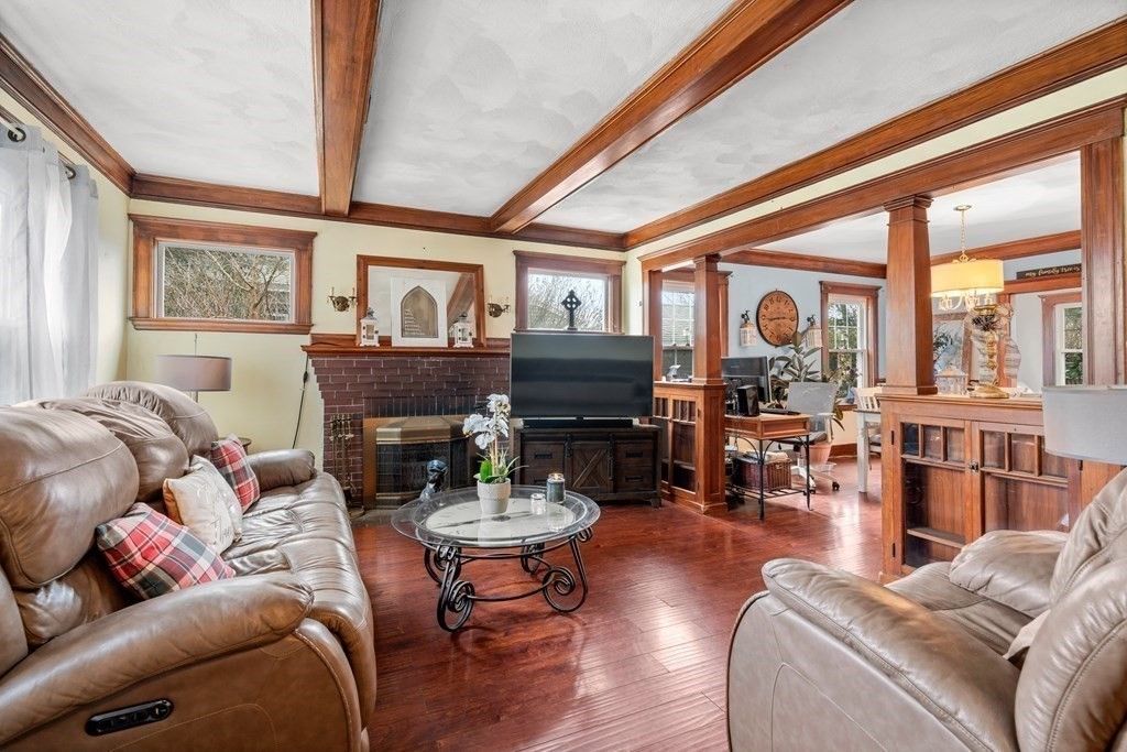 Chandelier, Dining room, Fireplace, Interior, Living room, Wooden Beams, Wood Texture Flooring