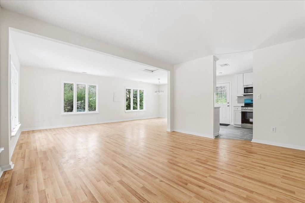 Chandelier, Empty room, Interior, Kitchen, Pendant Lights, Stainless Steel Appliances, Wood Texture Flooring