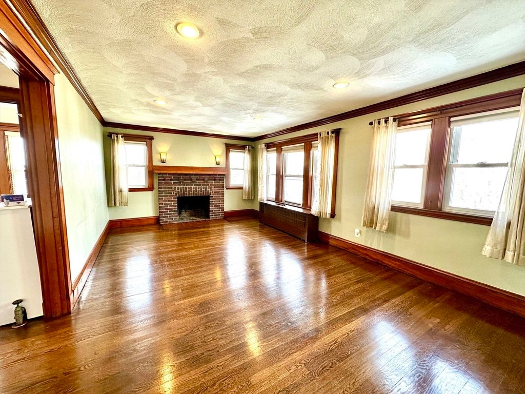 Empty room, Fireplace, Interior, Recessed Lighting, Wood Texture Flooring