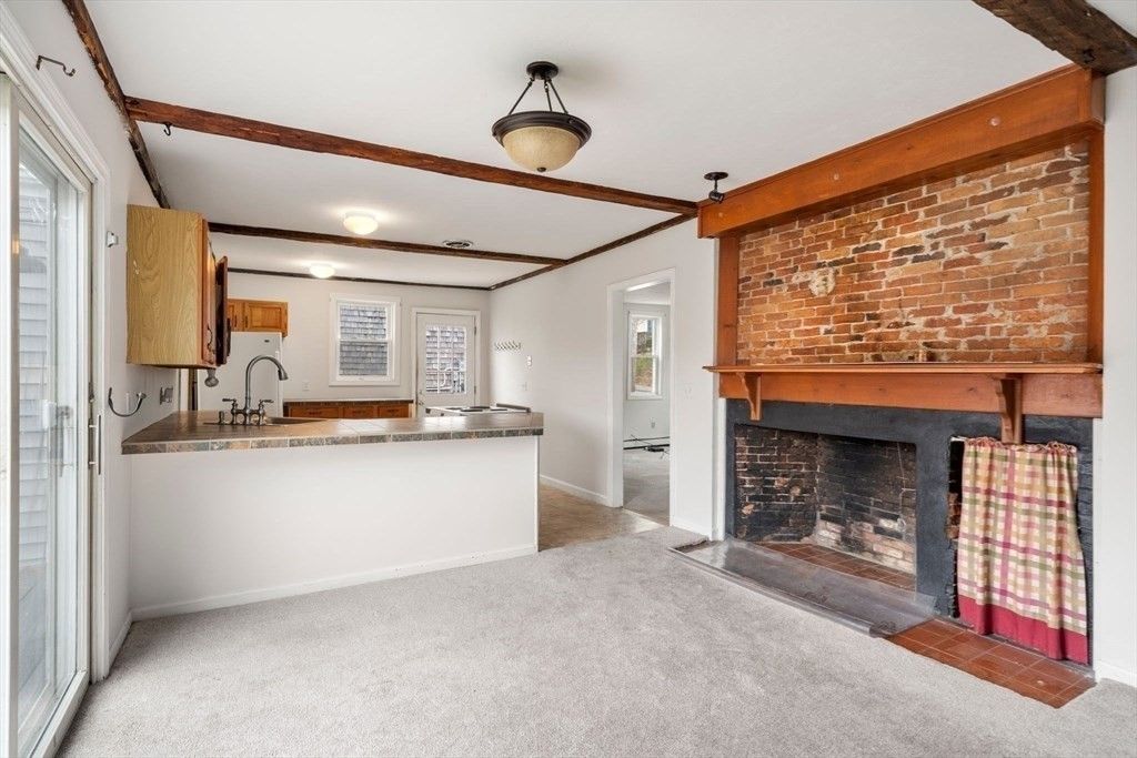 Empty room, Fireplace, Interior, Kitchen, Stone Walls, Wooden Beams