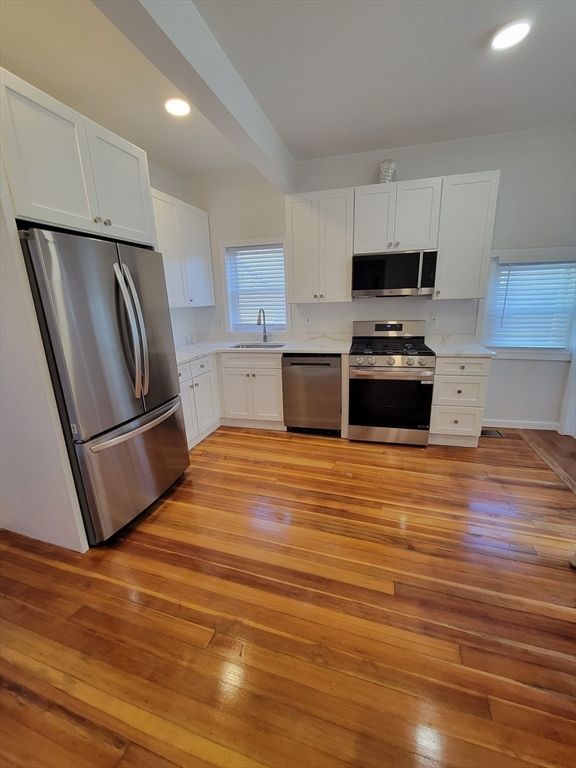 Interior, Kitchen, Recessed Lighting, Stainless Steel Appliances, Wood Texture Flooring