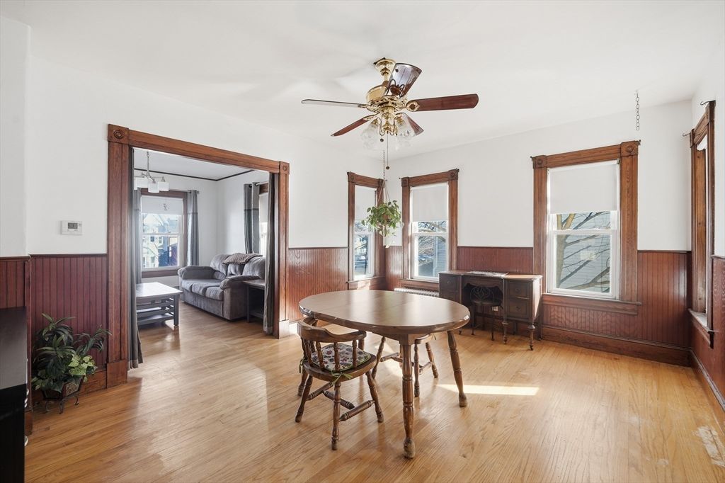 Dining room, Fireplace, Interior, Living room, Wood Texture Flooring