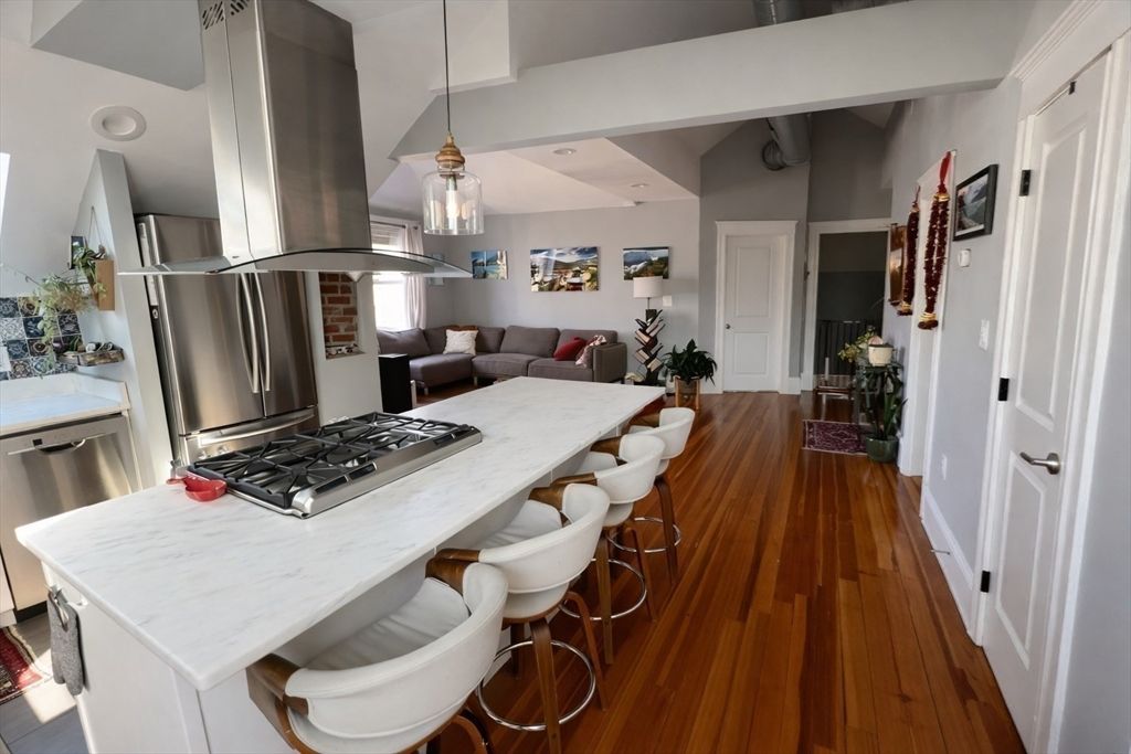 Interior, Kitchen, Living room, Pendant Lights, Stainless Steel Appliances, Wood Texture Flooring