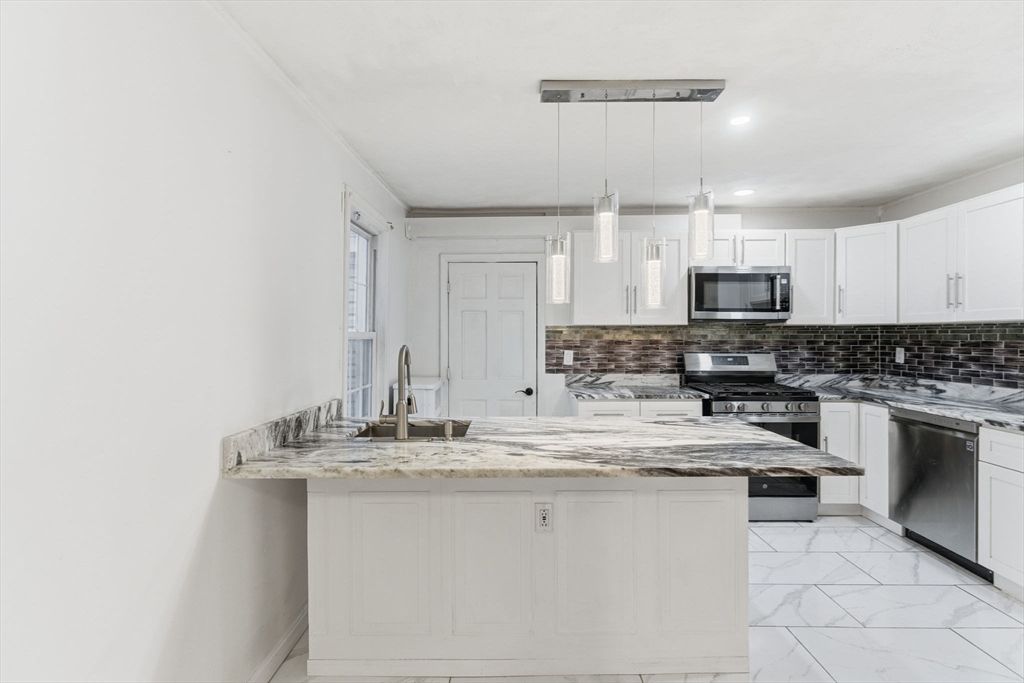 Interior, Kitchen, Marble, Pendant Lights, Recessed Lighting, Stainless Steel Appliances