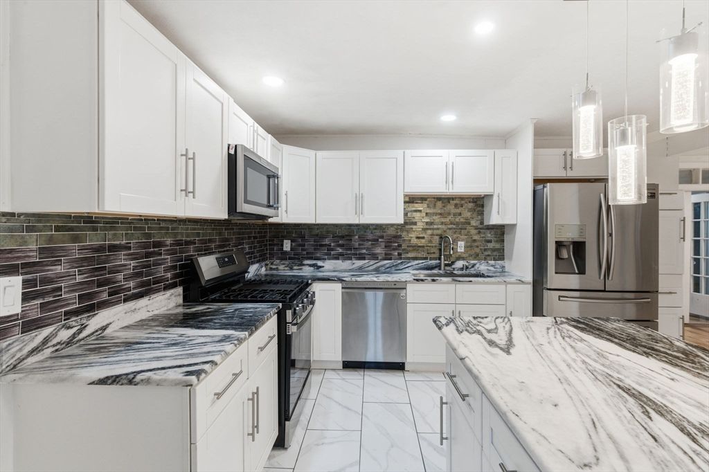 Interior, Kitchen, Marble, Pendant Lights, Recessed Lighting, Stainless Steel Appliances