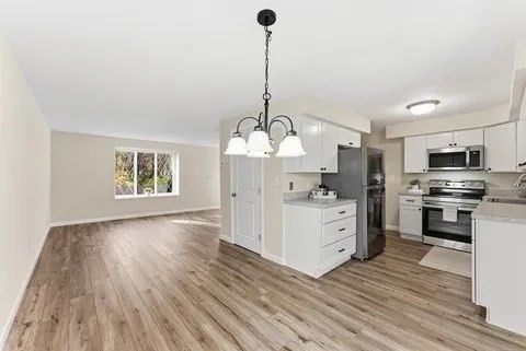 Chandelier, Interior, Kitchen, Stainless Steel Appliances, Wood Texture Flooring