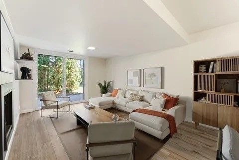 Fireplace, Interior, Living room, Recessed Lighting, Wood Texture Flooring