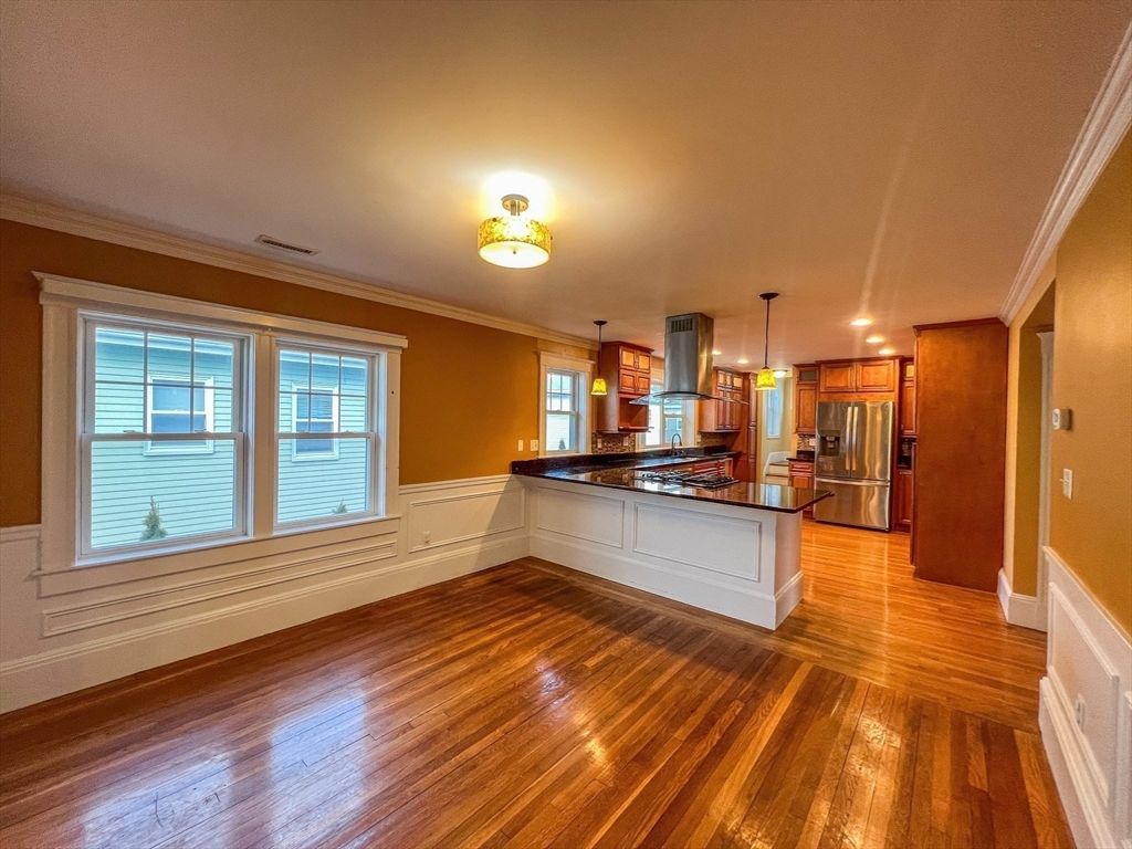 Interior, Kitchen, Pendant Lights, Recessed Lighting, Stainless Steel Appliances, Wood Texture Flooring