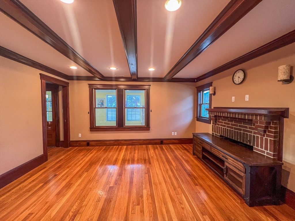 Empty room, Fireplace, Interior, Recessed Lighting, Wood Texture Flooring
