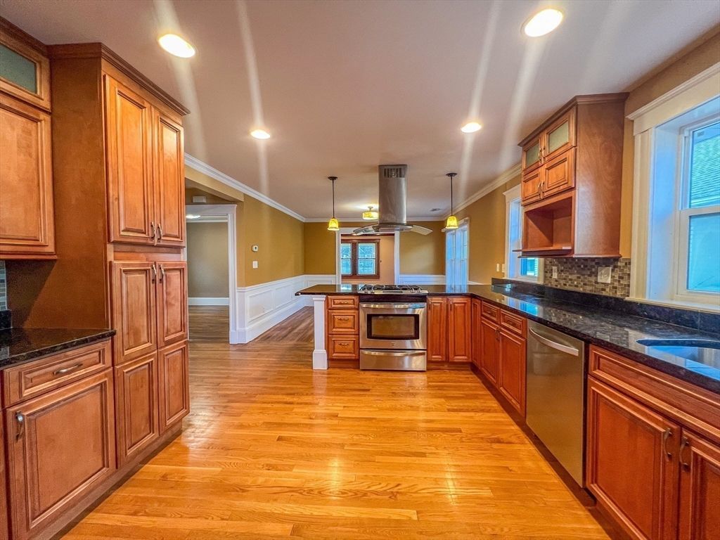 Interior, Kitchen, Pendant Lights, Recessed Lighting, Stainless Steel Appliances, Wood Texture Flooring