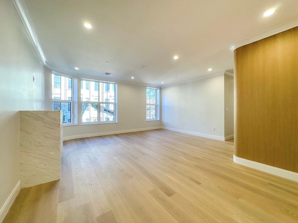Empty room, Fireplace, Interior, Recessed Lighting, Wood Texture Flooring