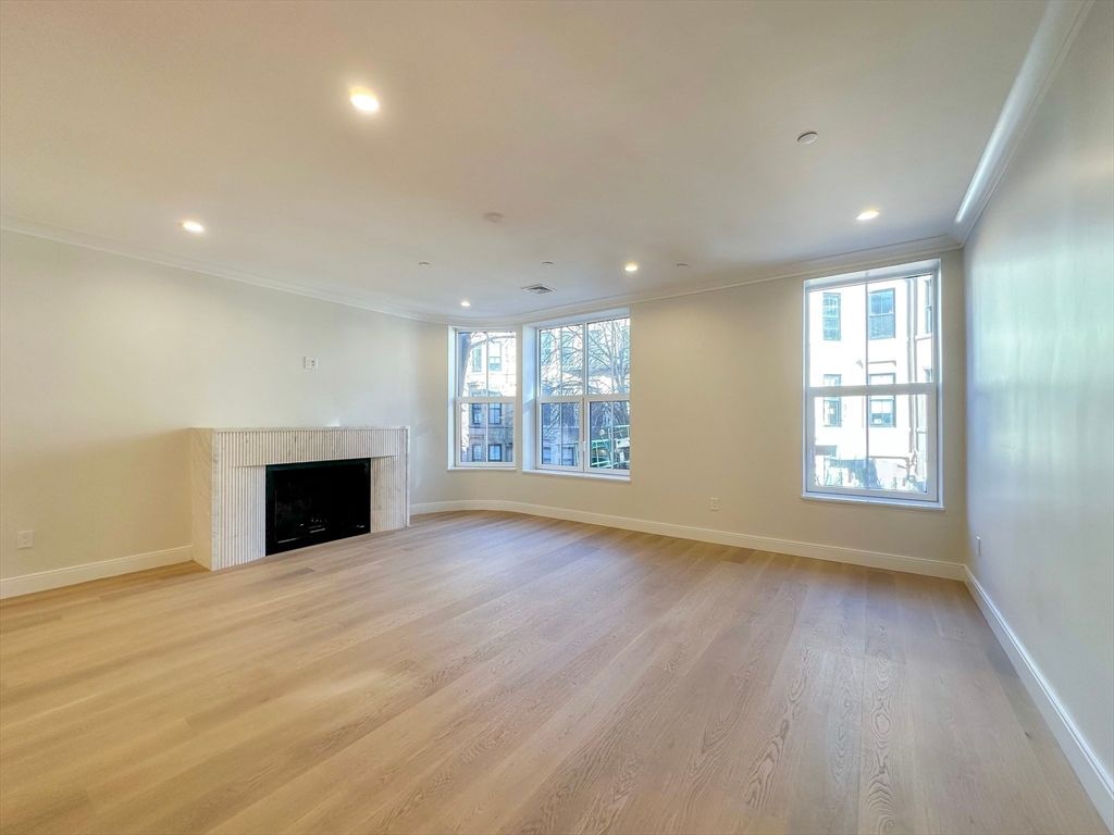Empty room, Fireplace, Interior, Recessed Lighting, Wood Texture Flooring