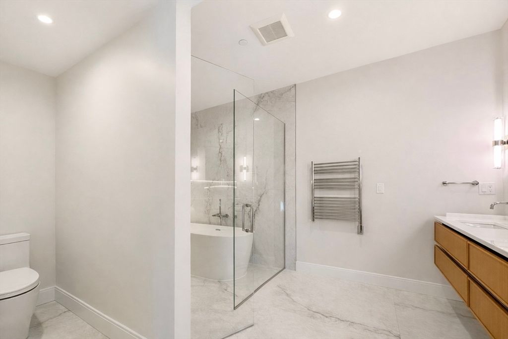 Bathroom, Glass Shower, Interior, Marble, Marble Walls, Recessed Lighting