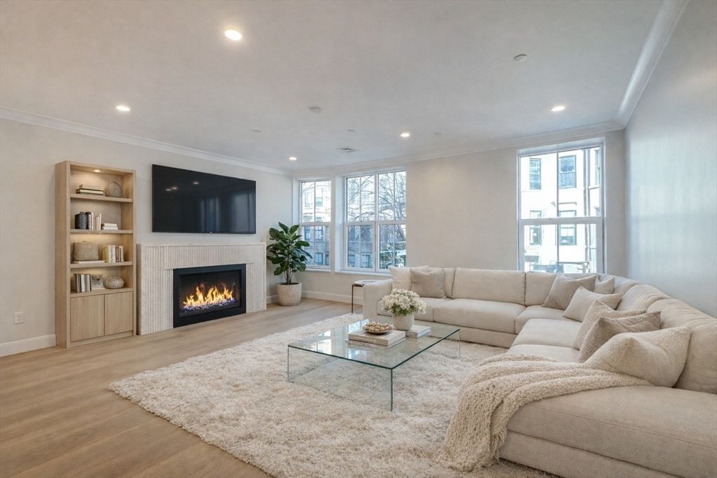 Fireplace, Interior, Living room, Recessed Lighting, Wood Texture Flooring