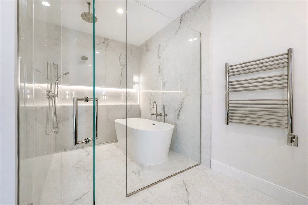 Bathroom, Free Standing Baths, Glass Shower, Interior, Marble, Marble Walls, Recessed Lighting