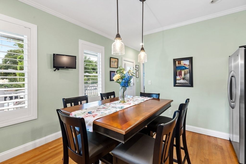 Dining room, Interior, Pendant Lights, Wood Texture Flooring