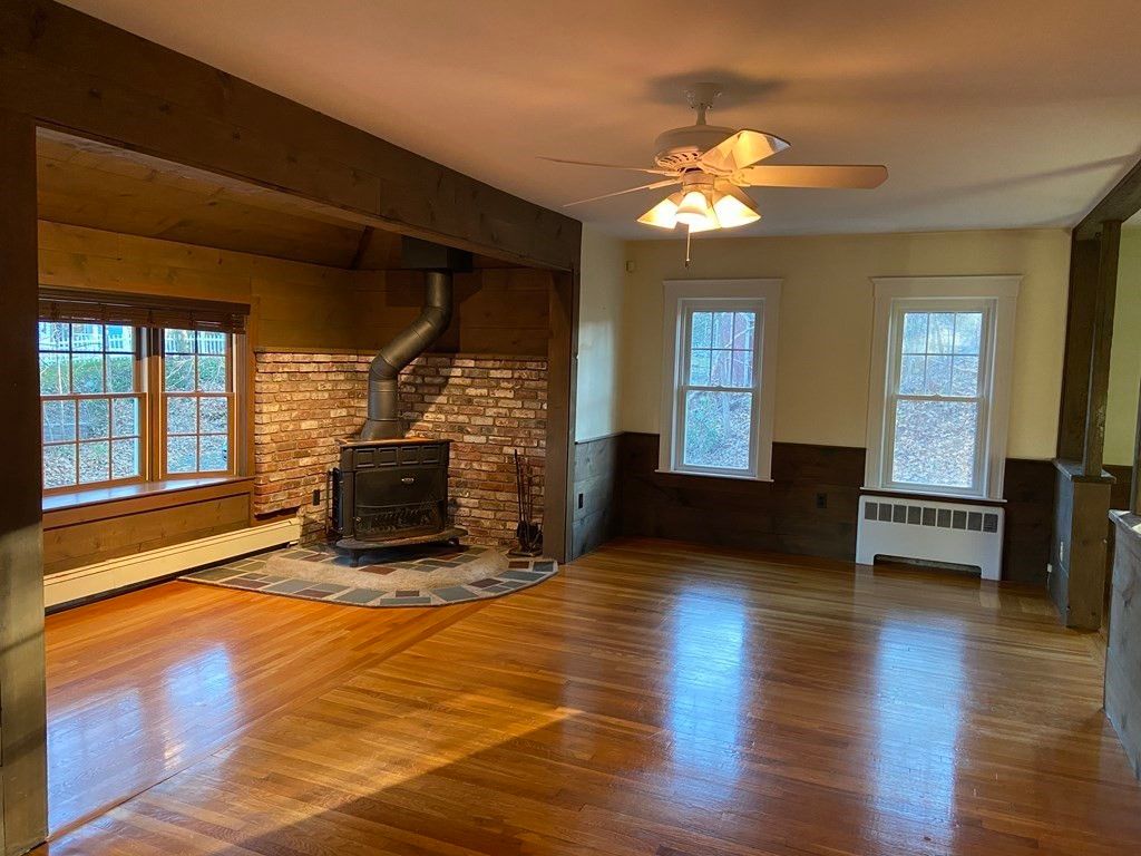 Empty room, Fireplace, Interior, Stone Walls, Wood Texture Flooring