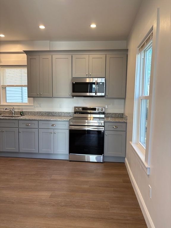 Interior, Kitchen, Recessed Lighting, Stainless Steel Appliances, Wood Texture Flooring