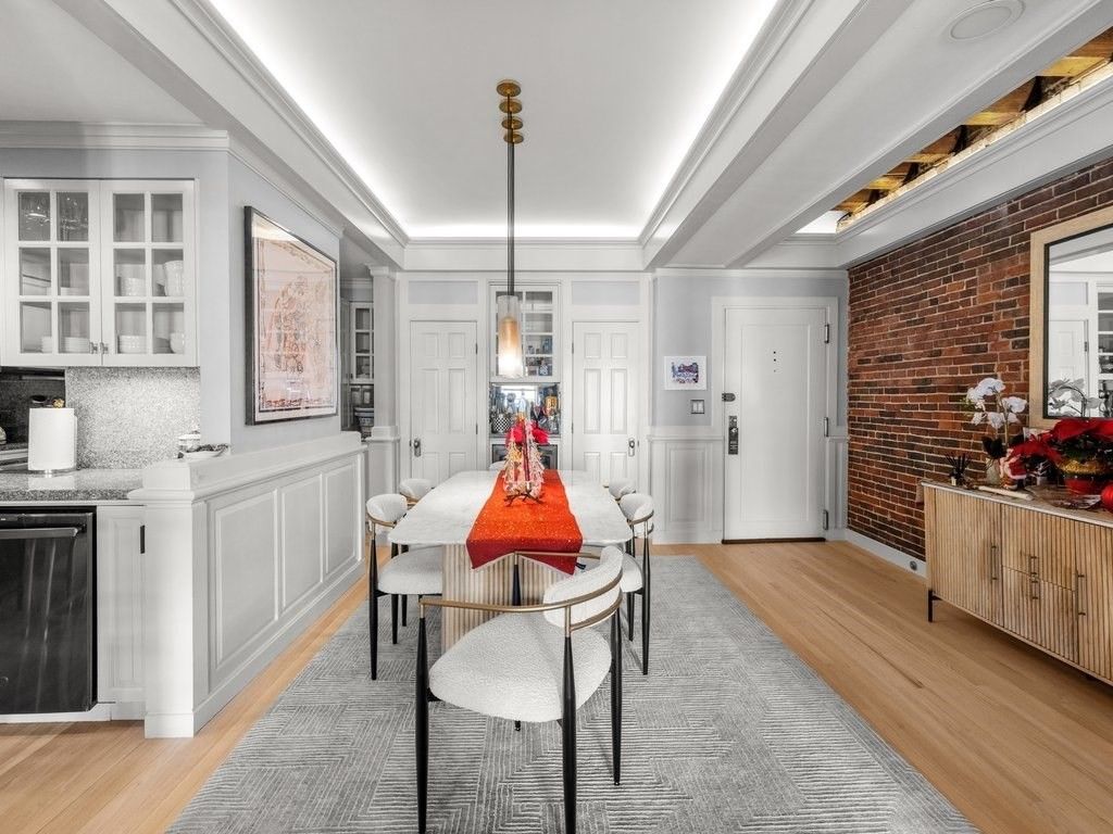 Dining room, Interior, Pendant Lights, Stone Walls, Wood Texture Flooring