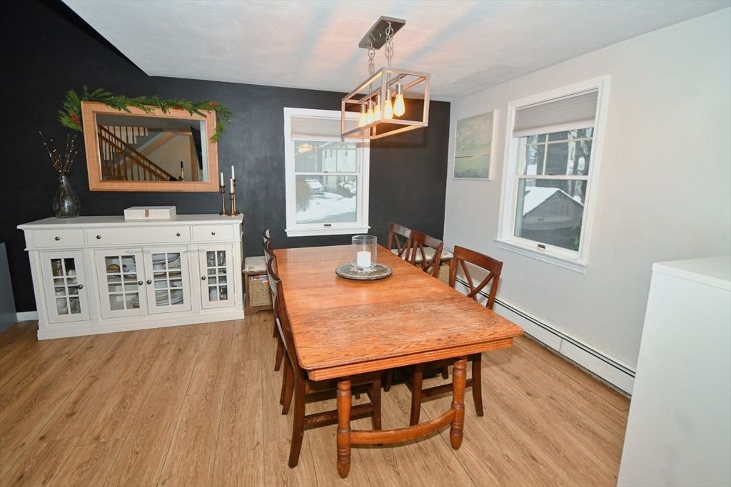 Dining room, Interior, Pendant Lights, Wood Texture Flooring