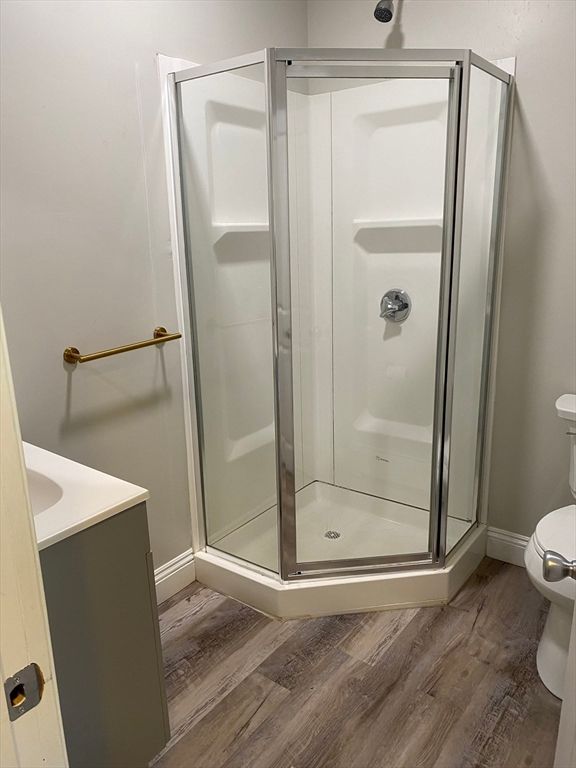 Bathroom, Glass Shower, Interior, Wood Texture Flooring