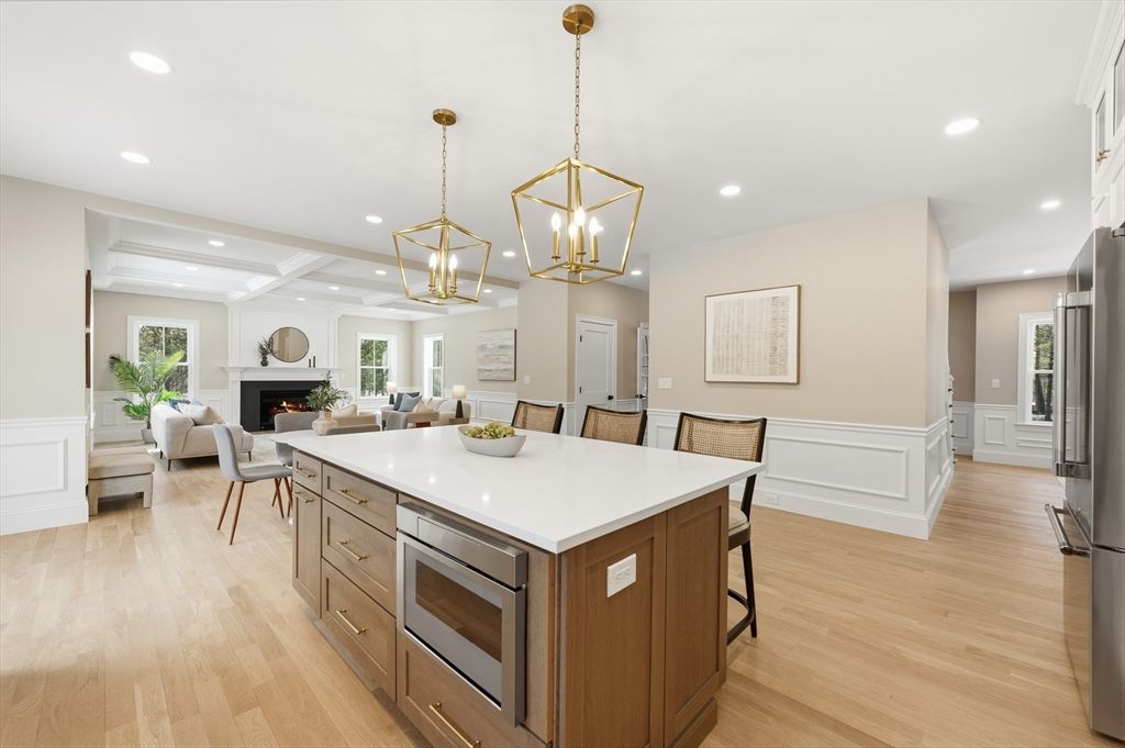 Dining room, Fireplace, Interior, Kitchen, Living room, Pendant Lights, Recessed Lighting, Wood Texture Flooring