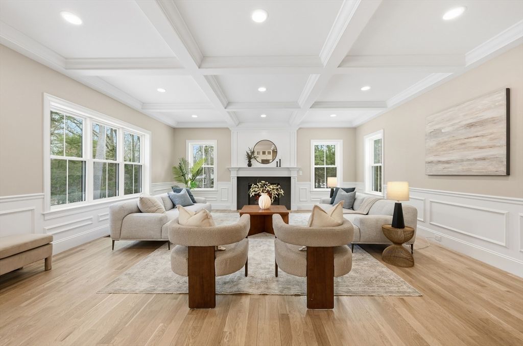 Fireplace, Interior, Living room, Recessed Lighting, Wood Texture Flooring