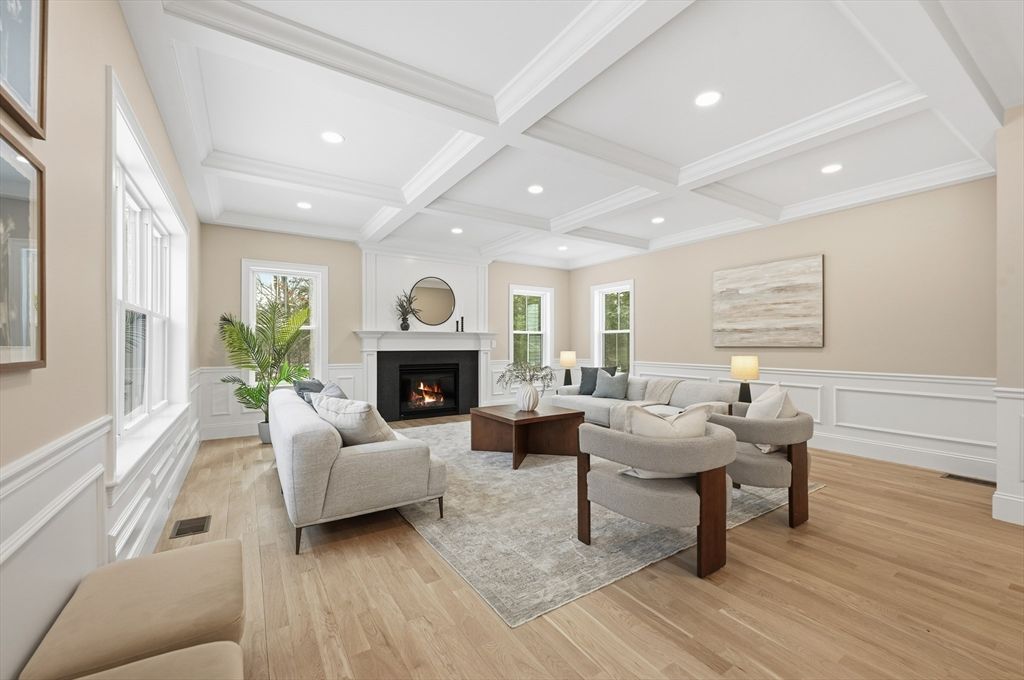 Fireplace, Interior, Living room, Recessed Lighting, Wood Texture Flooring