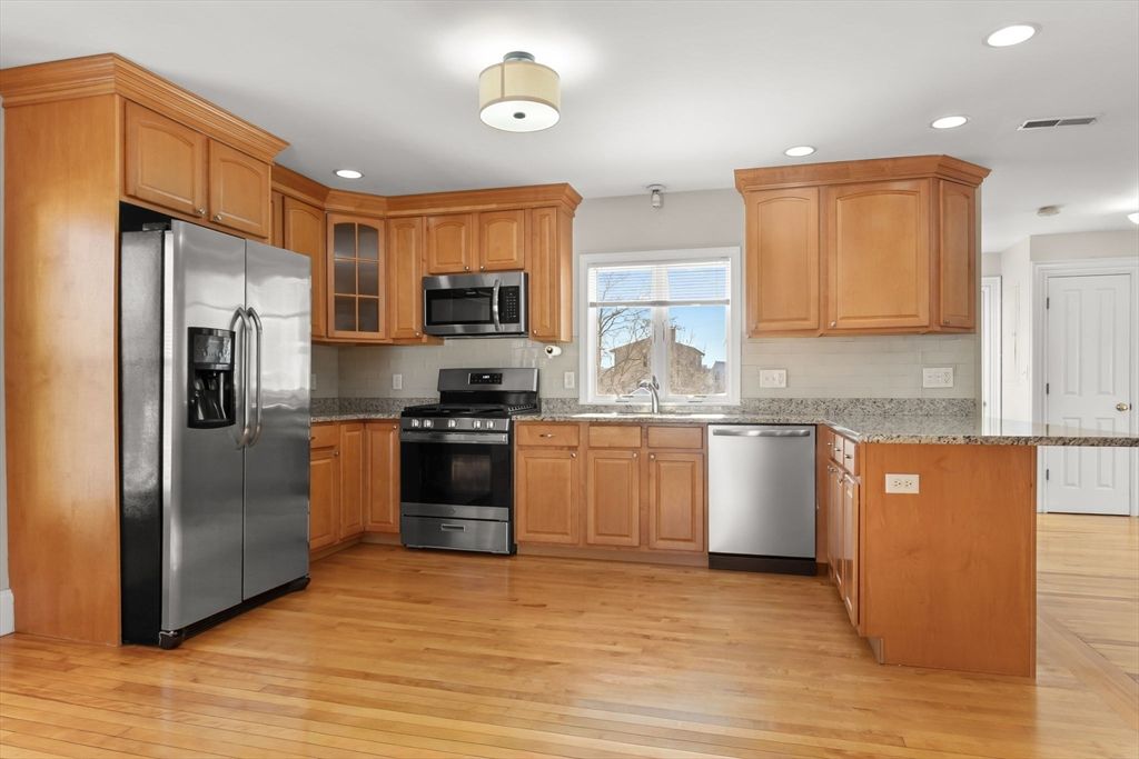 Interior, Kitchen, Recessed Lighting, Stainless Steel Appliances, Wood Texture Flooring