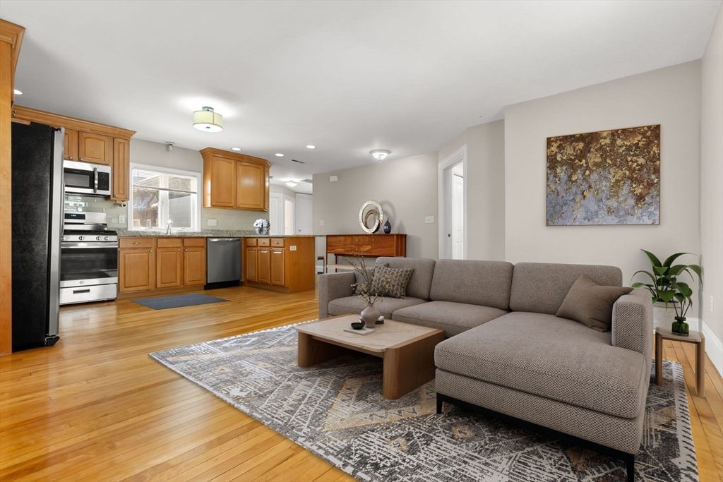 Interior, Kitchen, Living room, Recessed Lighting, Stainless Steel Appliances, Wood Texture Flooring