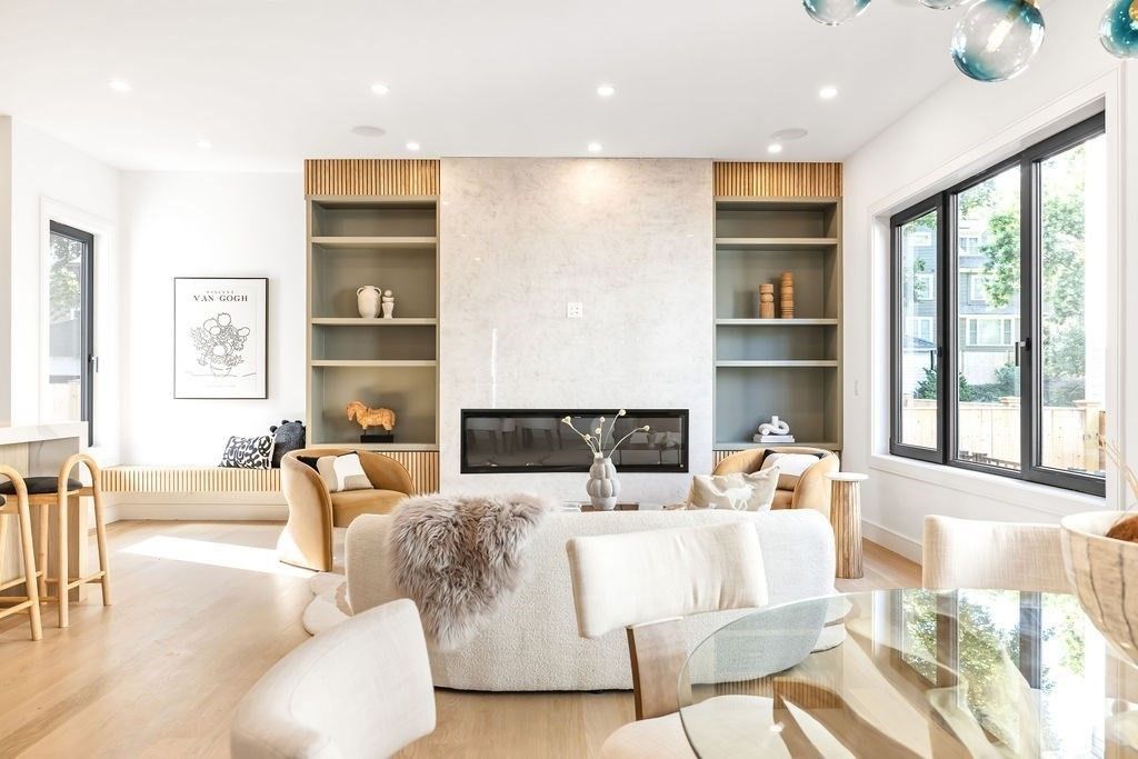 Fireplace, Interior, Living room, Recessed Lighting, Wood Texture Flooring