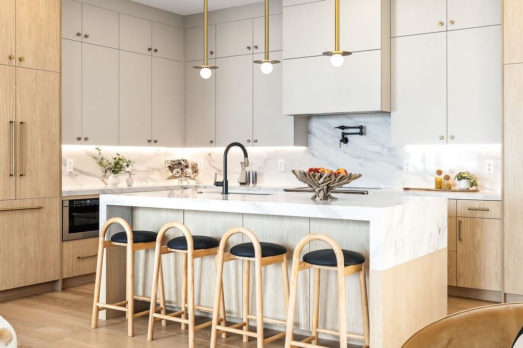 Interior, Kitchen, Marble Walls, Pendant Lights, Wood Texture Flooring